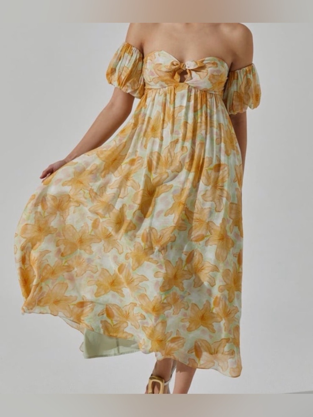 ASTR The Label Floral Off Shoulder Midi Dress Orange Yellow Size M Romantic🌼 - Picture 4 of 13